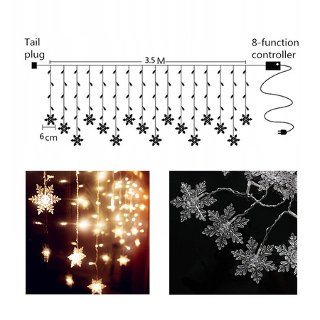 KURTYNA ŚWIETLNA LAMPKI ŚNIEŻYNKI 96 LED BIAŁY CIEPŁY GIRLANDA OKIENNA 3,5m