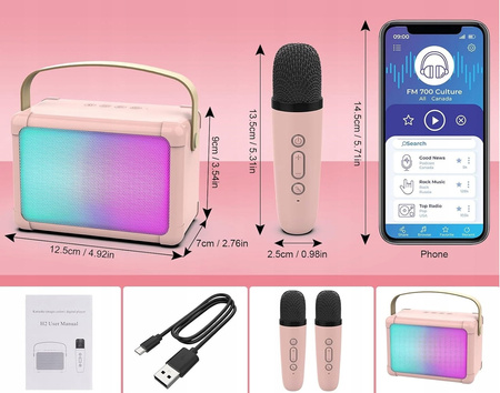 PRZENOSNY GŁOŚNIK BLUETOOH KARAOKE + 2 MIKOROFONY PANEL LED PODŚWIETLENIE