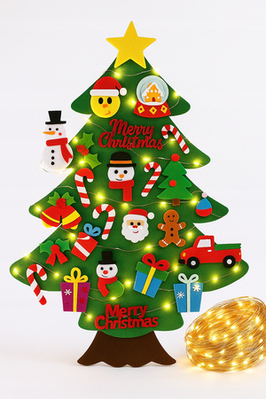 CHOINKA FILCOWA NA RZEPY Z OZDOBAMI DLA DZIECI 40x + ŚWIATEŁKA 50LED 105CM