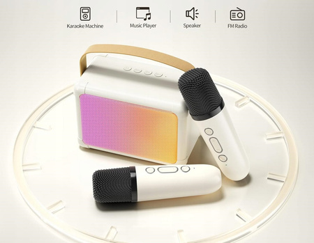 PRZENOSNY GŁOŚNIK BLUETOOH KARAOKE + 2 MIKOROFONY PANEL LED PODŚWIETLENIE
