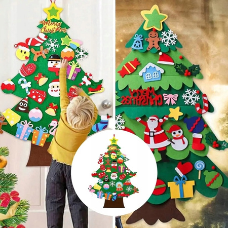 CHOINKA FILCOWA NA RZEPY Z OZDOBAMI DLA DZIECI 40x + ŚWIATEŁKA 50LED 105CM