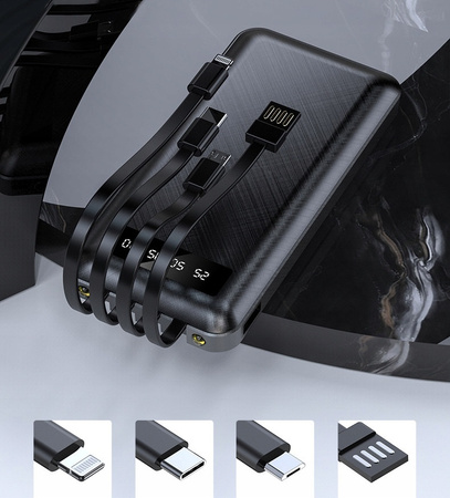 POWERBANK 20000 mAh USB + KABLE DO ŁADOWANIA USB TYP-C LIGHTNING MICRO-USB