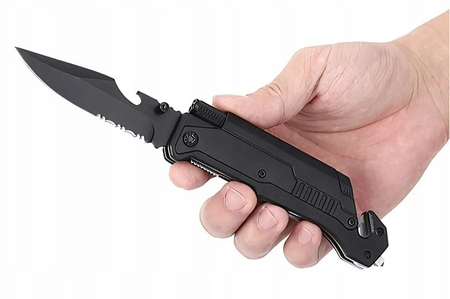 NÓŻ z LATARKĄ SKŁADANY TAKTYCZNY 22CM STAL NIERDZEWNA + POKROWIEC KRZESIWO