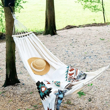 WIELKI HAMAK DWUOSOBOWY XXXL 260X150CM + PAŁĄK + LINKI WYGODNY KREMOWY