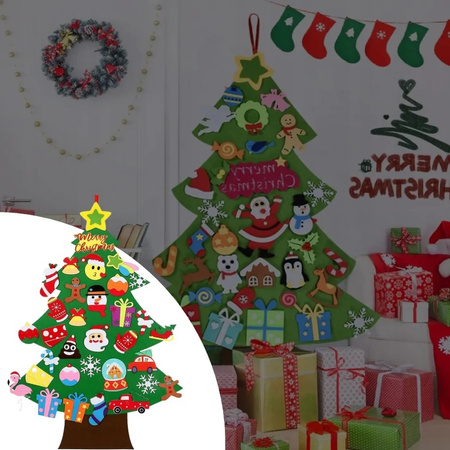 CHOINKA FILCOWA NA RZEPY Z OZDOBAMI DLA DZIECI 40x + ŚWIATEŁKA 50LED 105CM