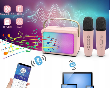 PRZENOSNY GŁOŚNIK BLUETOOH KARAOKE + 2 MIKOROFONY PANEL LED PODŚWIETLENIE