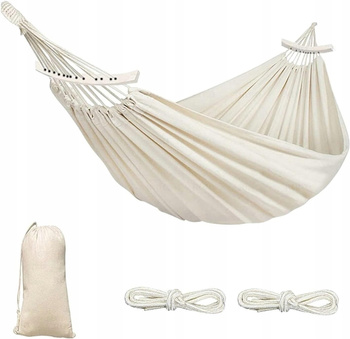WIELKI HAMAK DWUOSOBOWY XXXL 260X150CM + PAŁĄK + LINKI WYGODNY KREMOWY