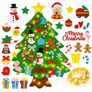 CHOINKA FILCOWA NA RZEPY Z OZDOBAMI DLA DZIECI 40x + ŚWIATEŁKA 50LED 105CM